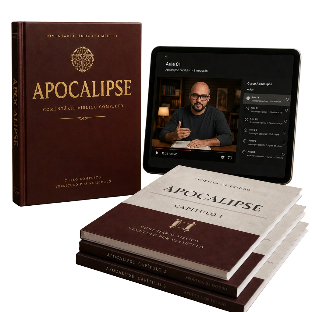 Mockup do Kit de Ensino: comentário bíblico, tablet com aula e apostilas por capítulo