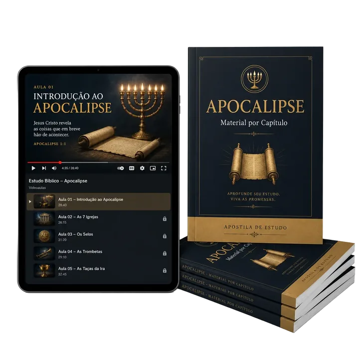 Mockup do Kit de Ensino: tablet com vídeo-aula e materiais impressos do Apocalipse